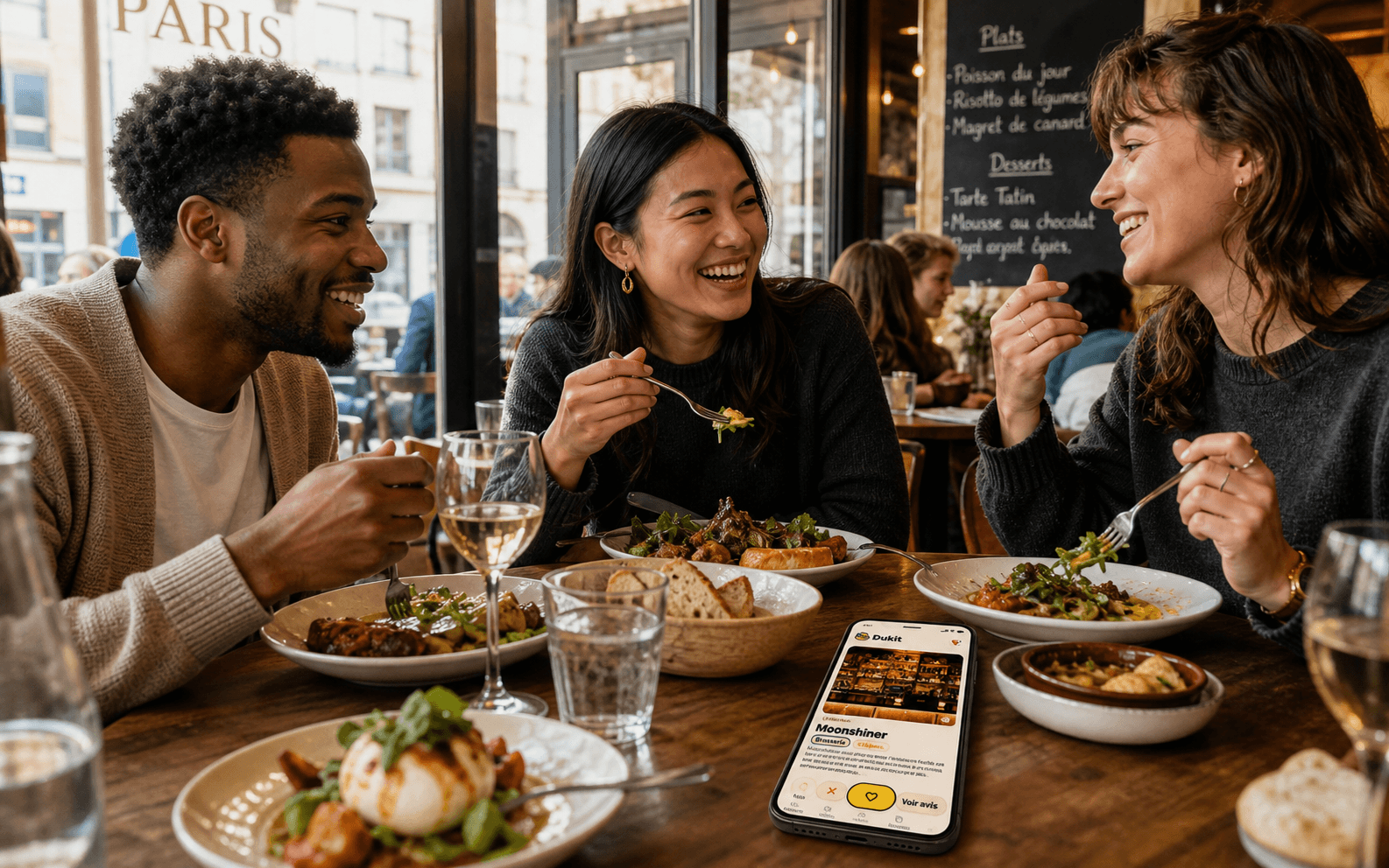 Adults from different backgrounds share dinner in a Paris restaurant with the Dinami app on the table.