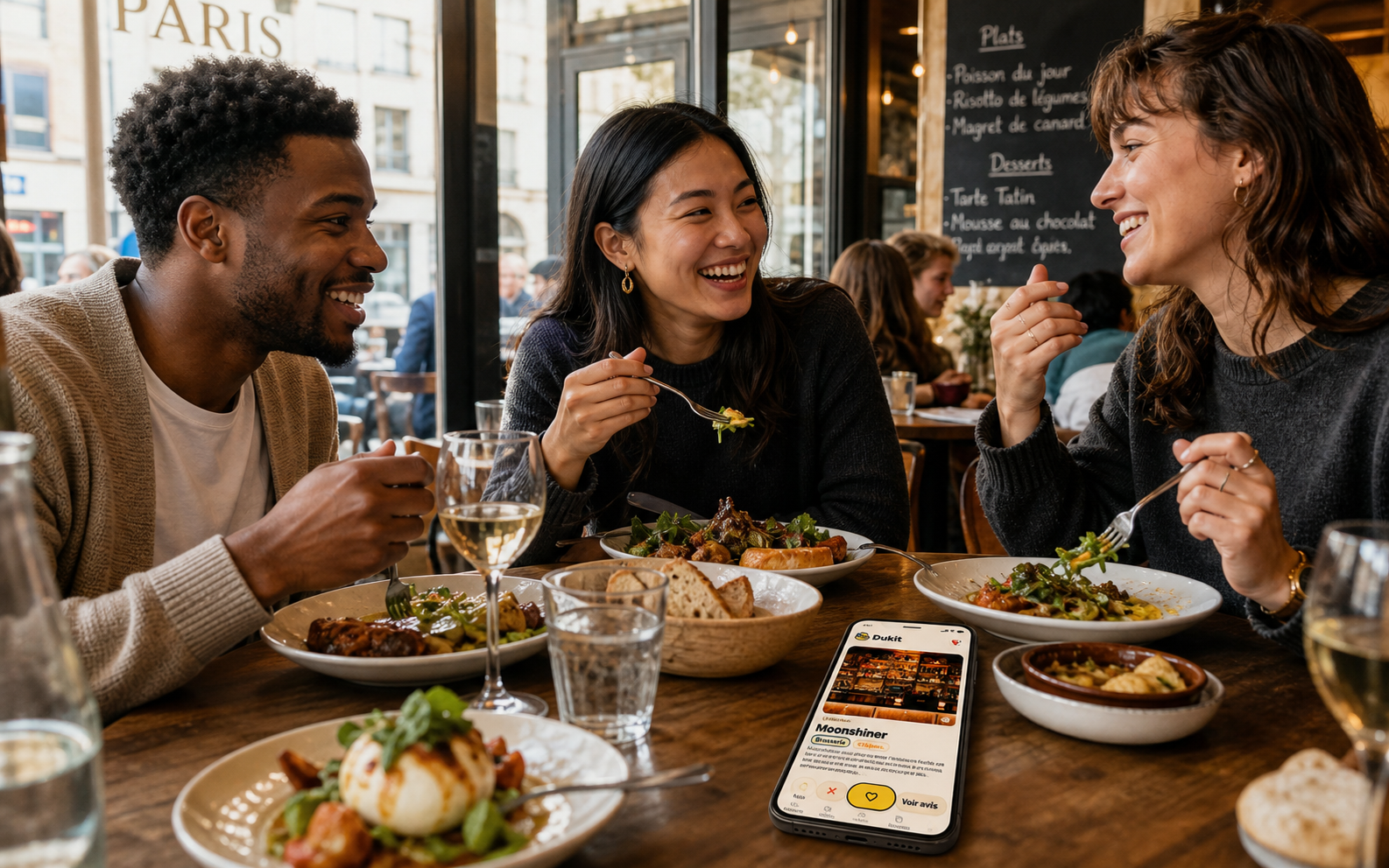 Adults from different backgrounds share dinner in a Paris restaurant with the Dinami app on the table.
